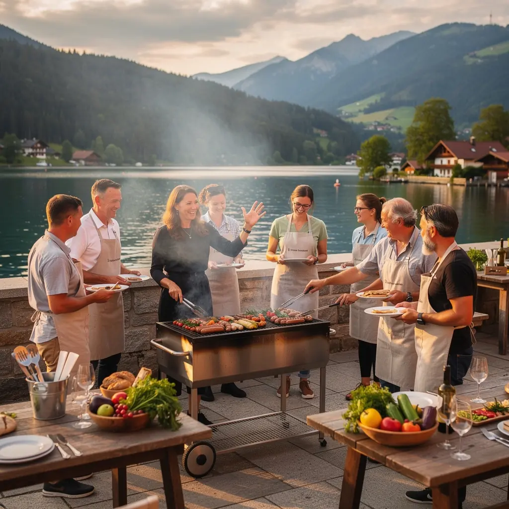 Ein Küchenchef, der mit einem Team von Köchen in einer modernen Restaurantküche zusammenarbeitet.