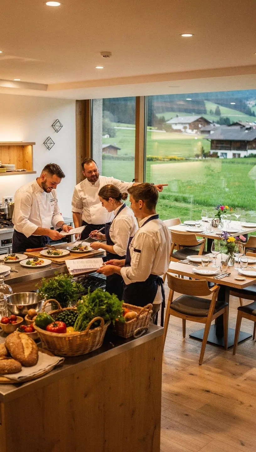 Ein Koch, der in einer modernen KГјche Zutaten sorgfГ¤ltig vorbereitet.